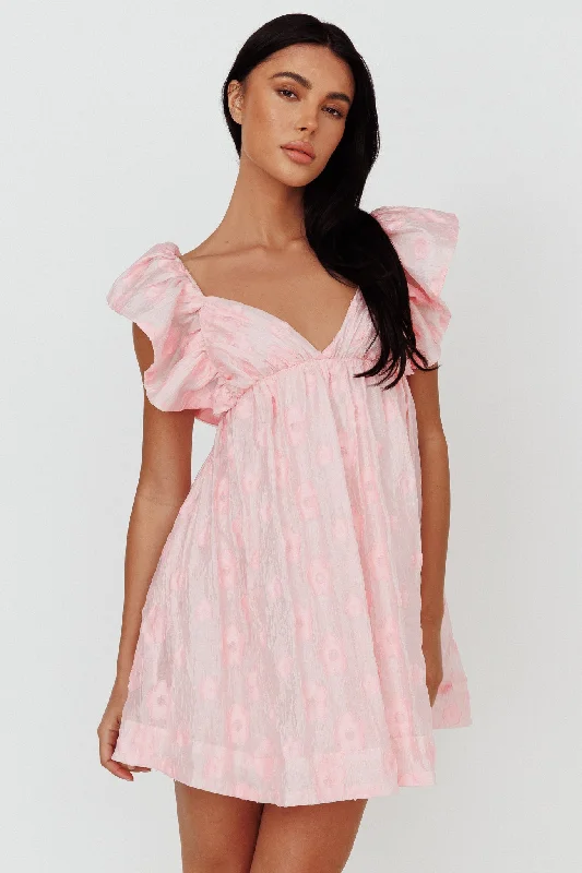 ladies-floral-dress-off-shoulder-rose-Melrose Place Floral Textured Frill Dress Pink