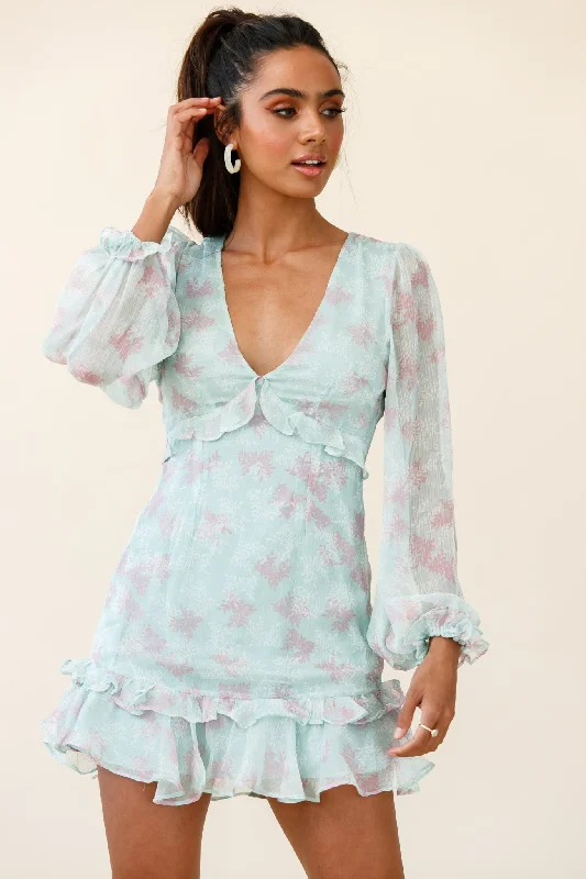 ladies-floral-dress-shopping-sprout-Amarantha Sheer Balloon Sleeve Frill Trim Dress Floral Print Mint