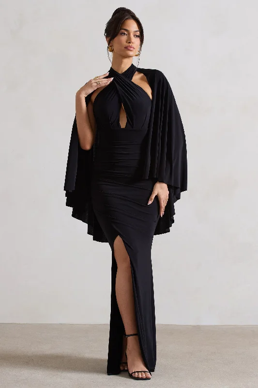 ladies-maxi-dress-designer-drape-Audrina | Black Ruched Halter-Neck Split Maxi Dress With Cape