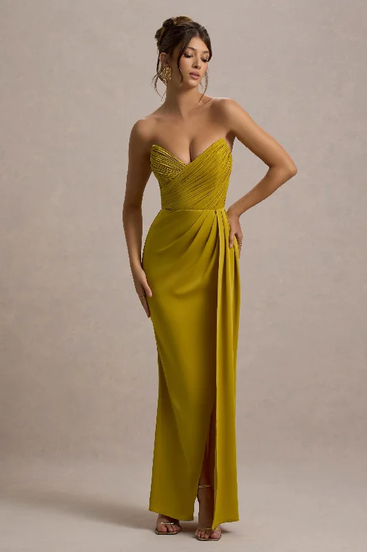 ladies-maxi-dress-aqua-aura-Edel | Mustard Satin Strapless Maxi Dress With Drape