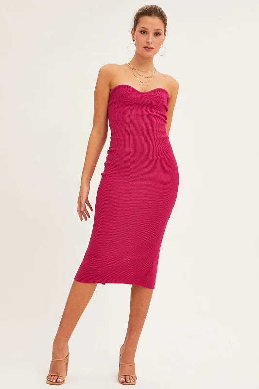 ladies-bodycon-dress-v-neck-vixen-Magenta Sweetheart Neckline Bandeau Knit Bodycon Dress