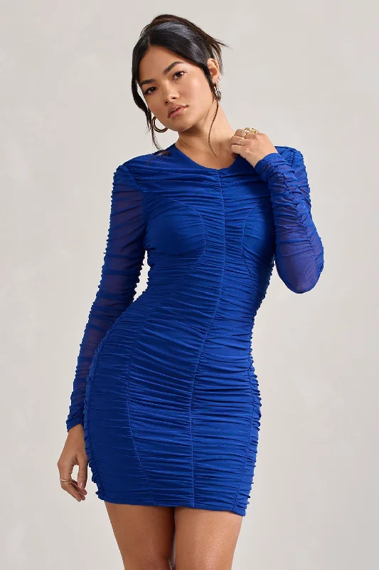 Women's mini dress tide flair -Euphoria | Cobalt Blue Ruched Long Sleeve Mini Dress