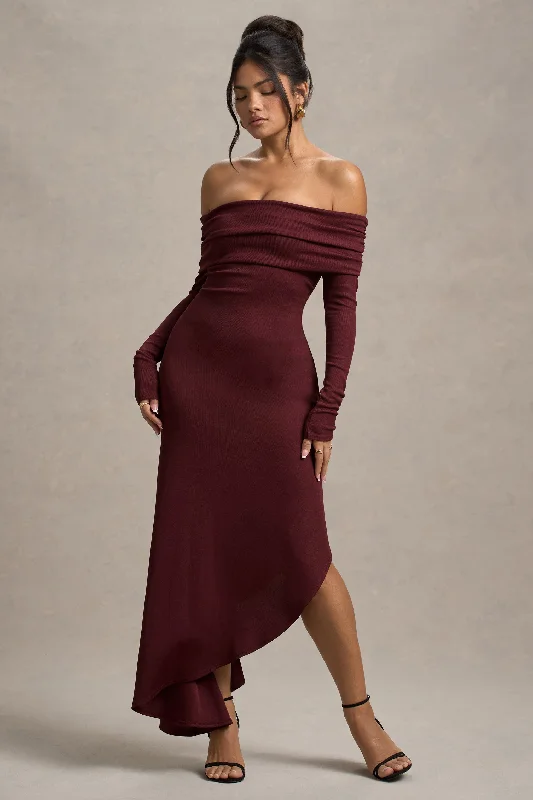 ladies-maxi-dress-modern-muse-Romina | Port Rib Knit Bardot Maxi Dress With Asymmetric Hem