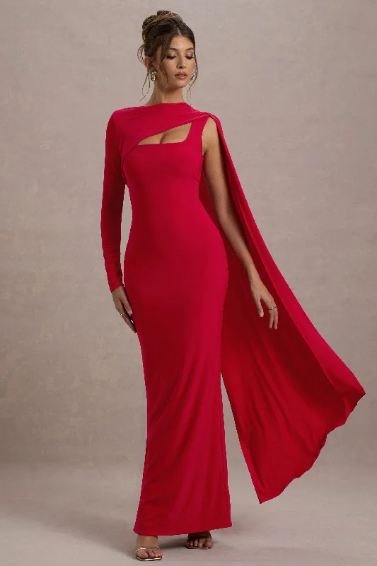 ladies-maxi-dress-day-to-dusk-Ashini | Red One-Sleeve Maxi Dress With Cape