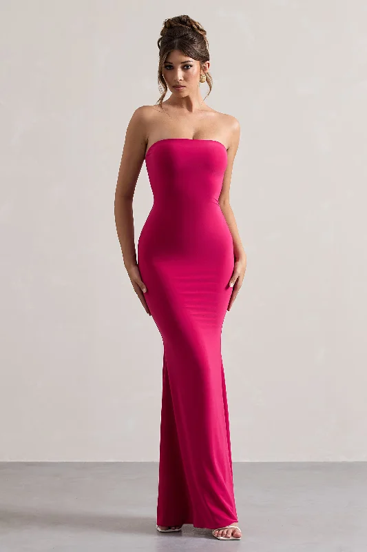 ladies-maxi-dress-short-sleeve-breeze-Ceremony | Hot Pink Bandeau Fishtail Maxi Dress