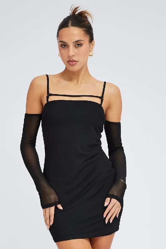 ladies-bodycon-dress-dance-dazzle-Black Mini Dress Long Sleeve Cold Shoulder Bodycon Mesh