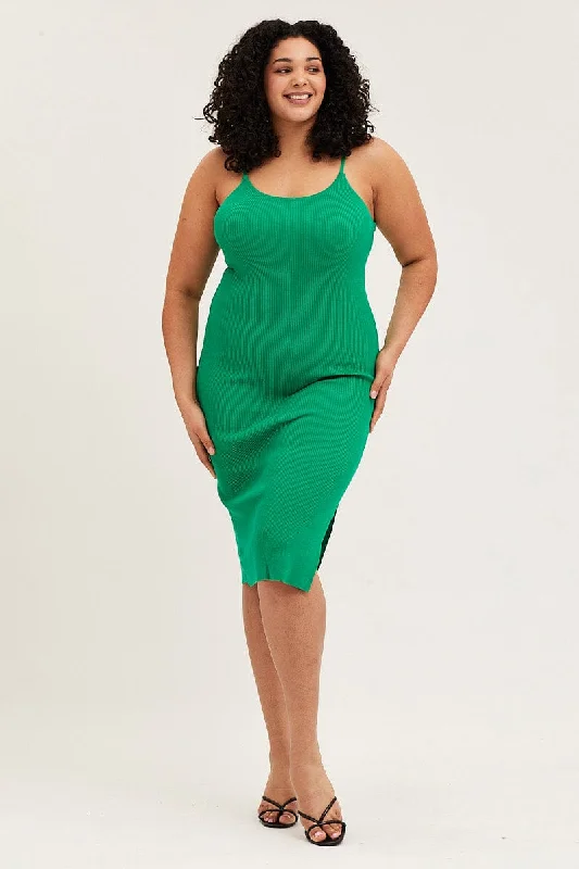 ladies-bodycon-dress-plunge-pop-Green Midi Knit Bodycon Dress Scoop Neck Sleeveless