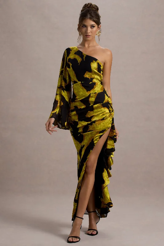 ladies-maxi-dress-petite-poise-Sevilla | Mustard Print Satin Jacquard One Sleeve Ruffled Split Maxi Dress