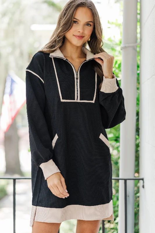 Women's shirt dress ruffle flair -Take Care Black Contrast Sweatshirt Dress