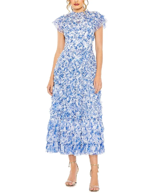 ladies-floral-dress-60s-gerbera-Mac Duggal High Neck Ruffle Sleeve Floral Dress