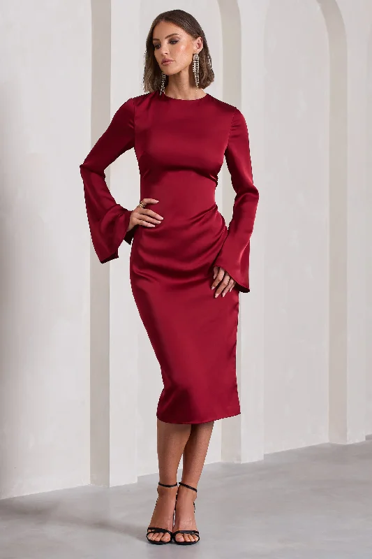 ladies-midi-dress-vermilion-vision-Zaina | Burgundy Long Sleeve Midi Dress with High Neckline