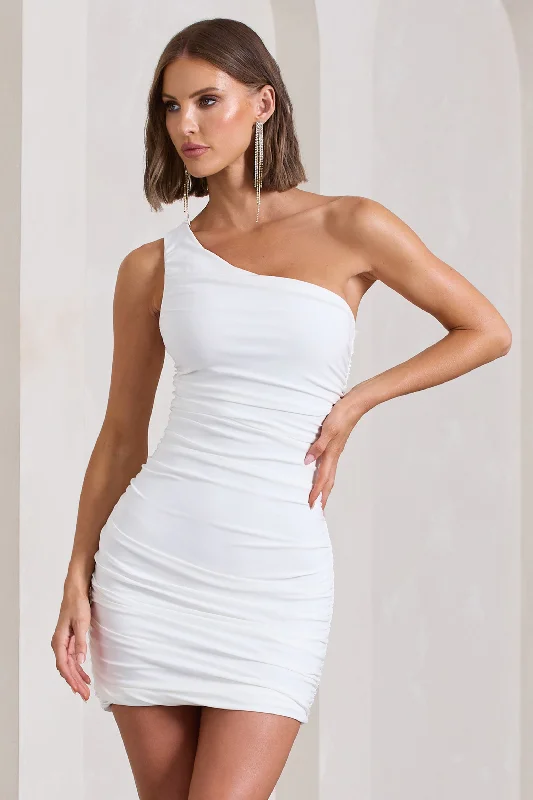 Women's mini dress peach chic -Onyx | White Ruched One Shoulder Mini Dress