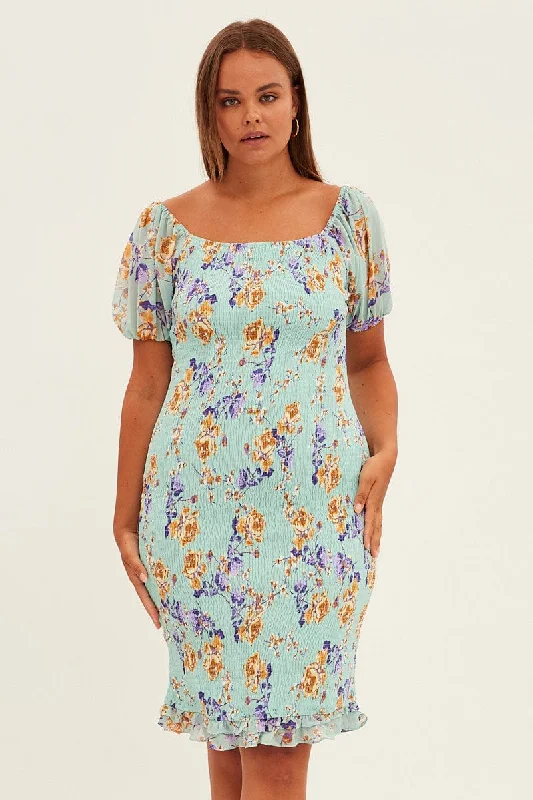 ladies-bodycon-dress-comfort-contour-Green Floral Bodycon Dress Short Sleeve Off Shoulder Shirred