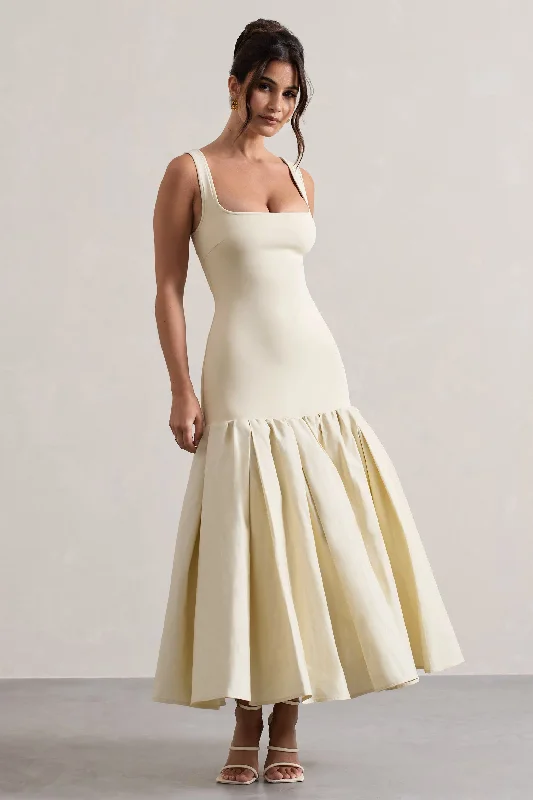 ladies-maxi-dress-amber-awe-Parida | Cream Poplin Drop-Waist Maxi Dress With Peplum Hem