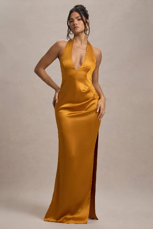 ladies-maxi-dress-chiffon-cloud-Inferno | Mustard Satin Plunge-Neck Gathered Split Maxi Dress