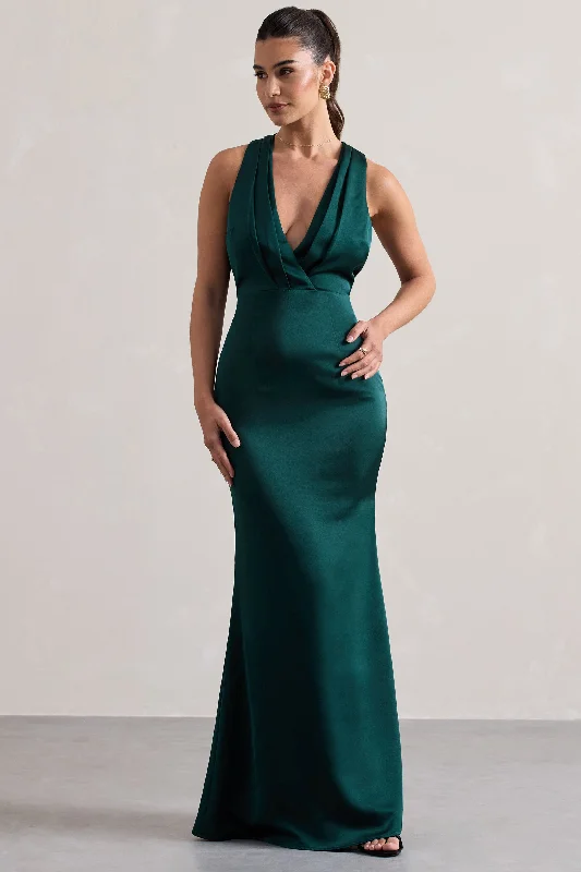 ladies-maxi-dress-yellow-yield-Tiffany | Bottle Green Satin Plunge-Neck Maxi Dress