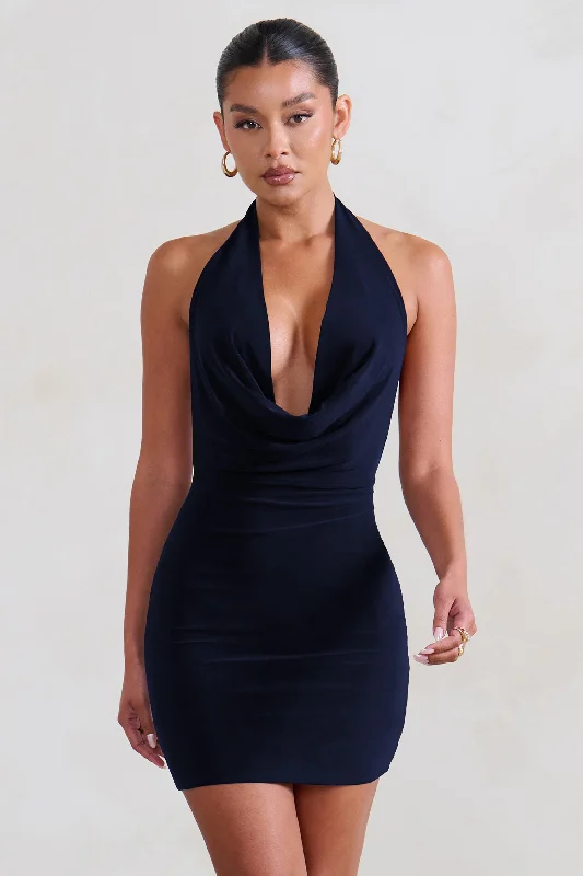 Women's mini dress loud accent -Liliana | Navy Cowl Neck Mini Dress