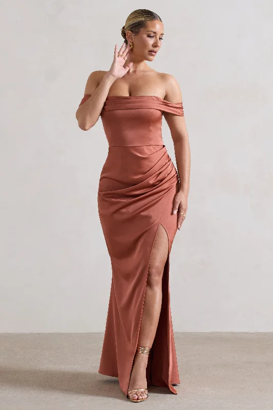 ladies-maxi-dress-denim-depth-Katia | Rust Satin Bardot Maxi Dress