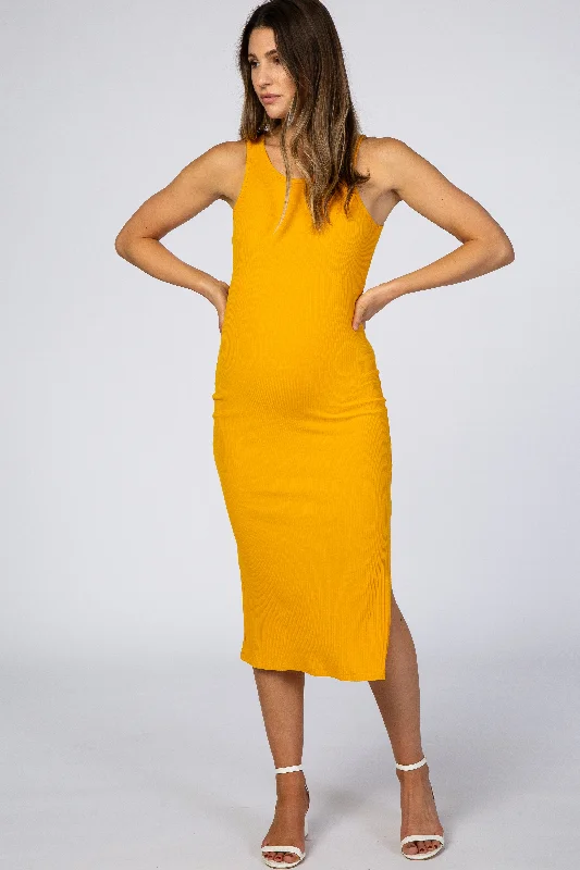 ladies-midi-dress-denim-dream-Yellow Ribbed Maternity Midi Dress