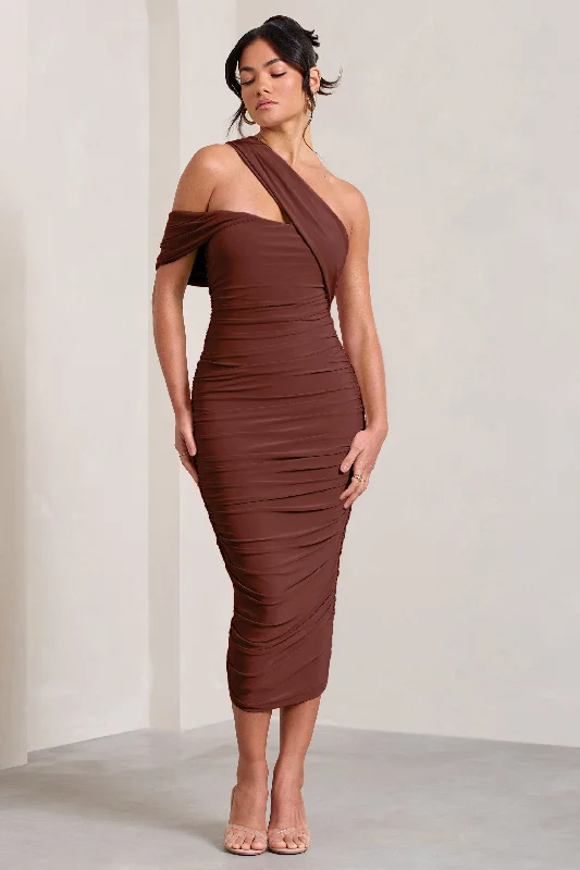 ladies-midi-dress-navy-nimbus-Cici | Brown Asymmetric One Shoulder Ruched Midi Dress