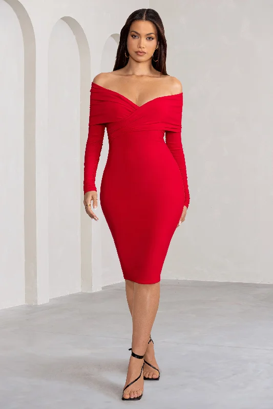 ladies-midi-dress-flirty-flow-Flatter Me | Red Twist Front Bardot Midi Dress