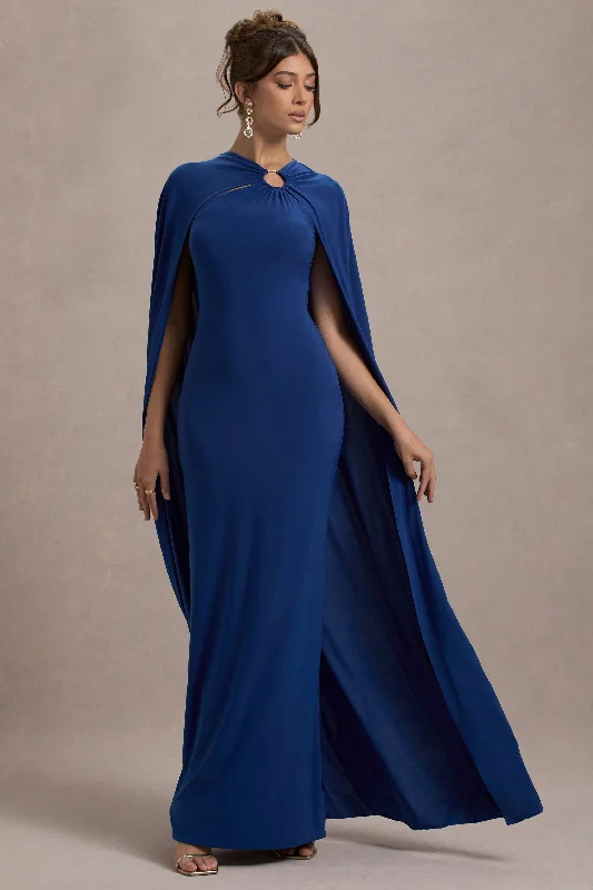 ladies-maxi-dress-picnic-poem-Aliza | Royal Blue Cape Maxi Dress With Gold Ring