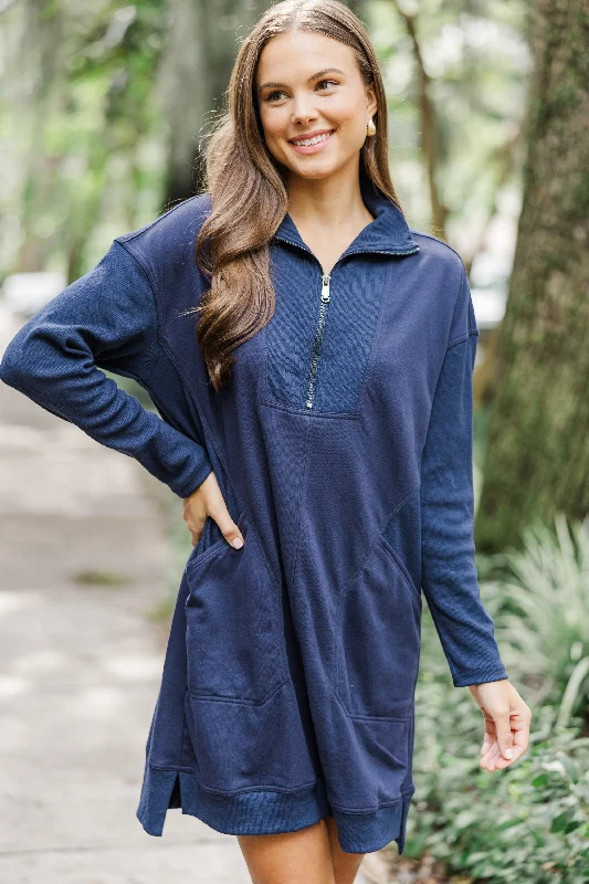 Women's shirt dress lace flair -Couldn't Be Happier Navy Blue Sweatshirt Dress