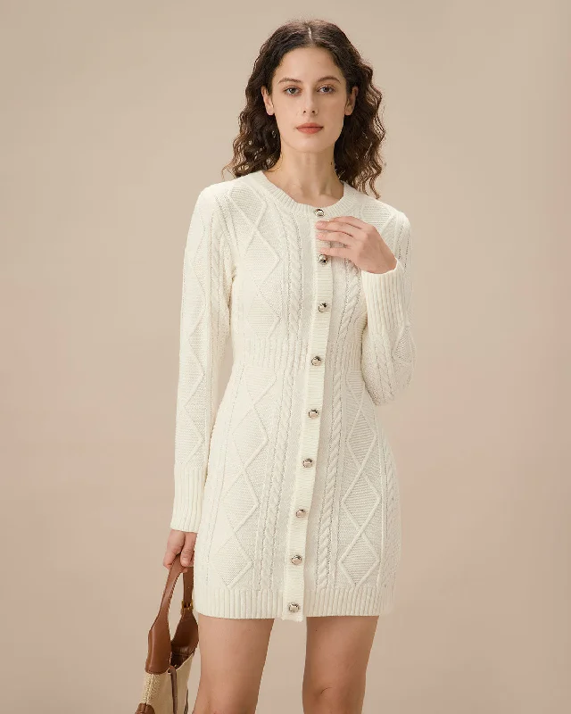 ladies-bodycon-dress-trendy-tight-White Round Neck Bodycon Sweater Dress