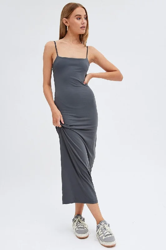 ladies-bodycon-dress-keyhole-kick-Grey Supersoft Bodycon Maxi Dress