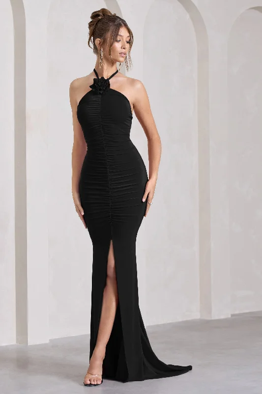 ladies-maxi-dress-cocktail-cascade-Holly | Black Ruched Halter-Neck Split Fishtail Maxi Dress