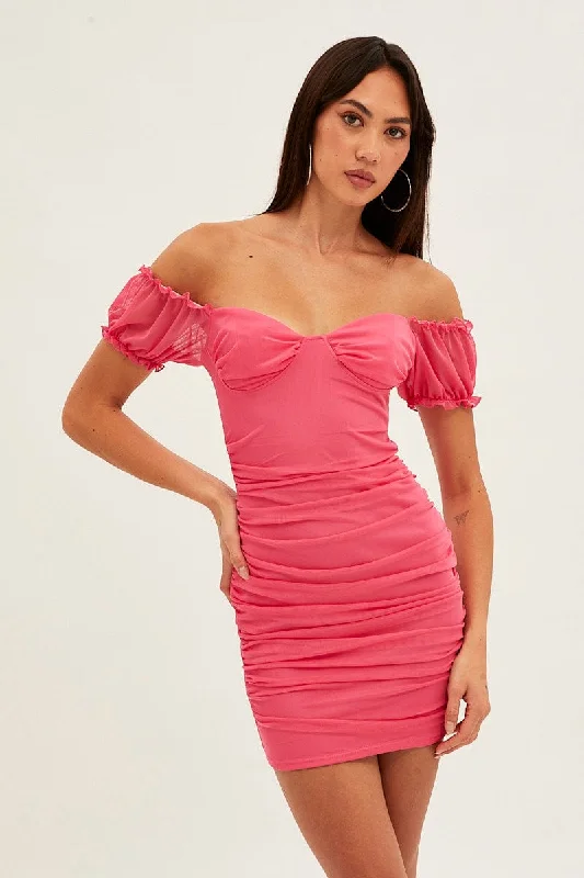 ladies-bodycon-dress-square-slim-Pink Mesh Bodycon Mini Dress