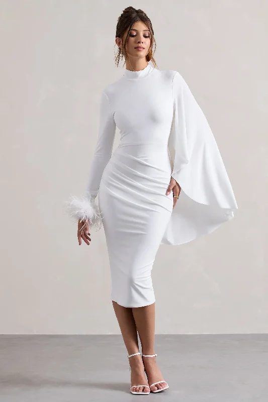 ladies-midi-dress-petite-poise-Tamika | White High-Neck Cape-Sleeve Midi Dress With Feathers