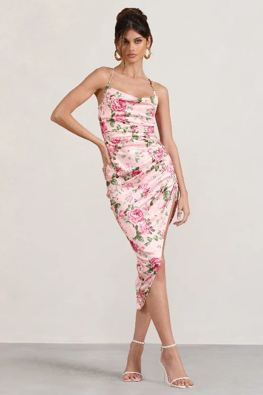 ladies-midi-dress-value-vogue-Risk It All | Blush Pink Floral Print Satin Cowl Asymmetric Midi Dress