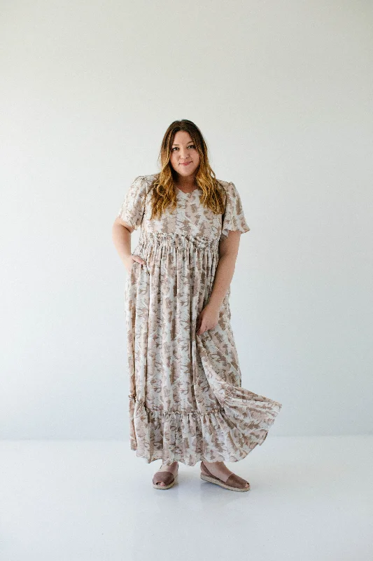 ladies-maxi-dress-influencer-inspire-Plus 'Delphi' V-Neck Flutter Sleeve Abstract Print Maxi Dress in Taupe FINAL SALE