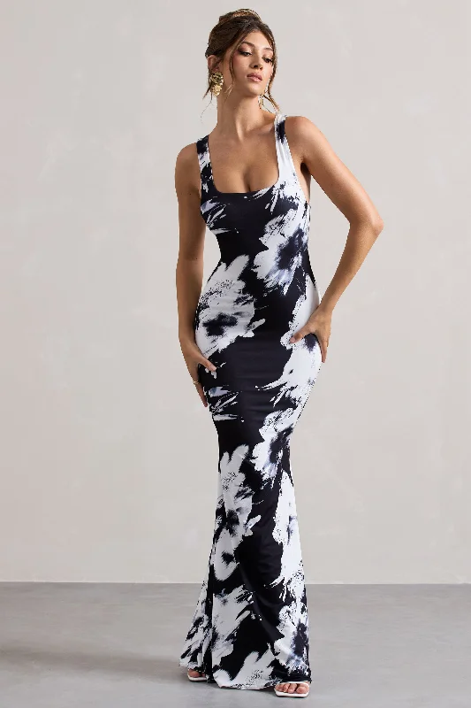 ladies-maxi-dress-fitted-flow-Mahina | Monochrome Floral Print Square-Neck Maxi Dress