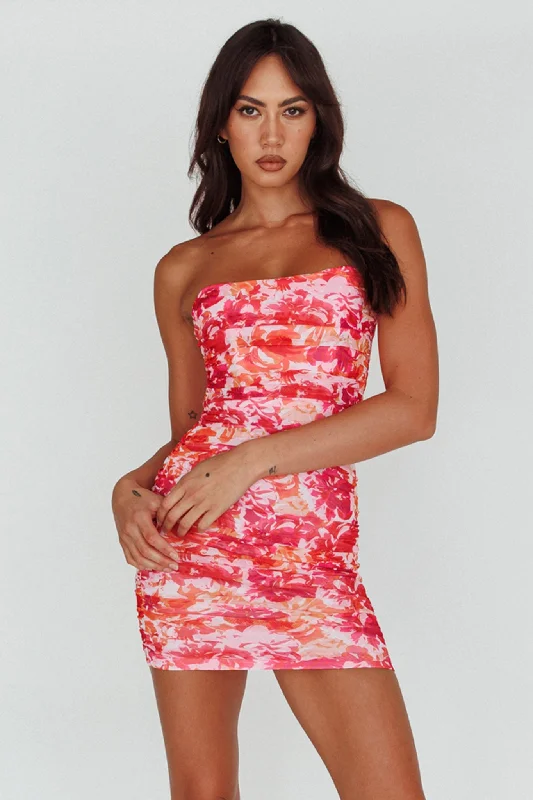 ladies-floral-dress-wildflower-whimsy-Logan Strapless Ruched Dress Floral Pink/Orange