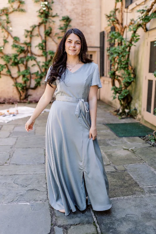 ladies-maxi-dress-flowy-freedom-'Gwyneth' Washed Satin Maxi Dress in Sage FINAL SALE