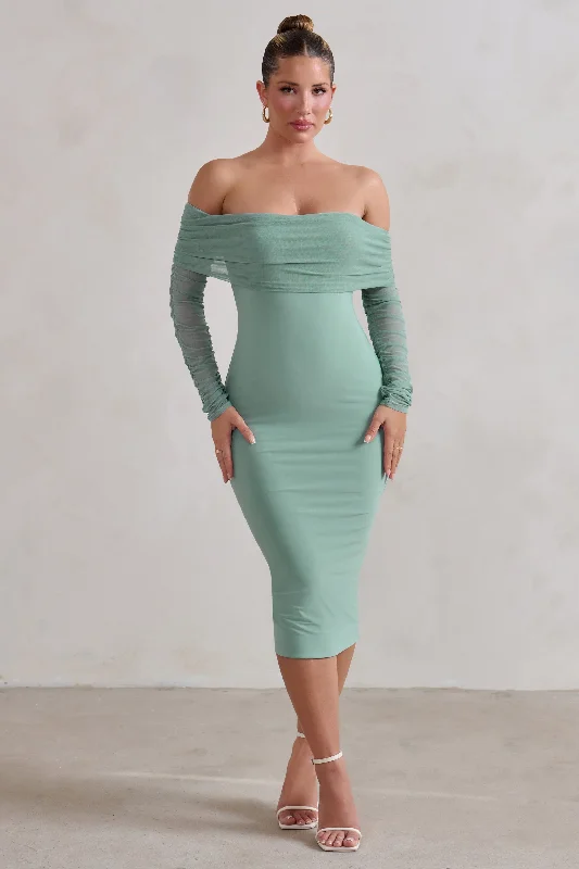 ladies-midi-dress-structured-sweep-Only You | Sage Ruched Mesh Bardot Midi Dress