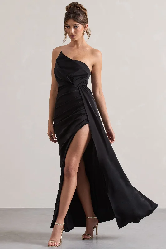 ladies-maxi-dress-flowy-freedom-Hollywood | Black Satin Strapless Draped Maxi Dress