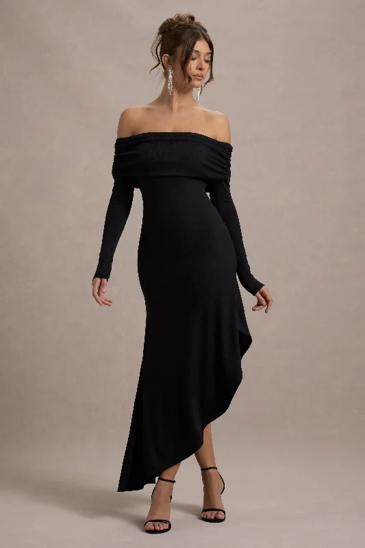 ladies-maxi-dress-cinnamon-calm-Romina | Black Rib Knit Bardot Maxi Dress With Asymmetric Hem