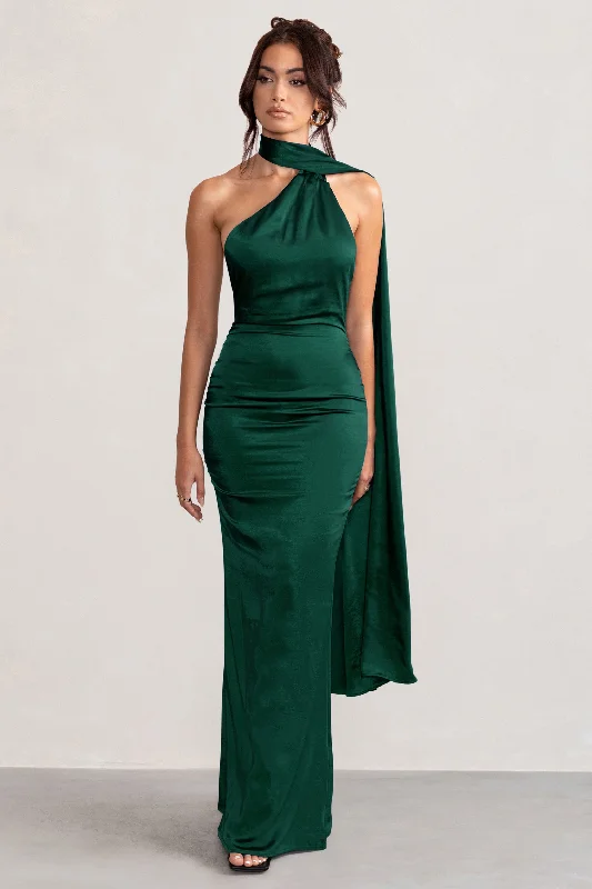 Mademoiselle | Bottle Green Satin Asymmetric Scarf Neck Backless Maxi Dress