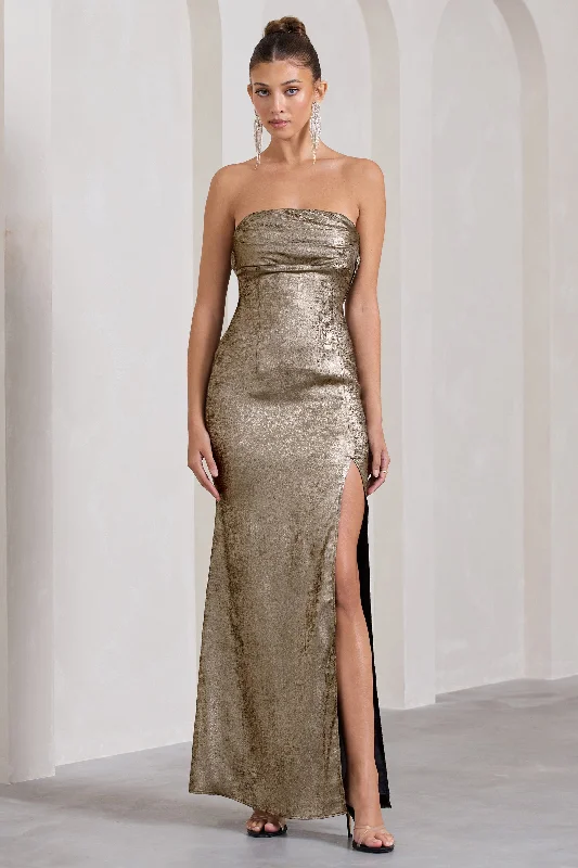 ladies-maxi-dress-sheer-sheen-Showstopper | Gold Metallic Strapless Open-Back Split Maxi Dress