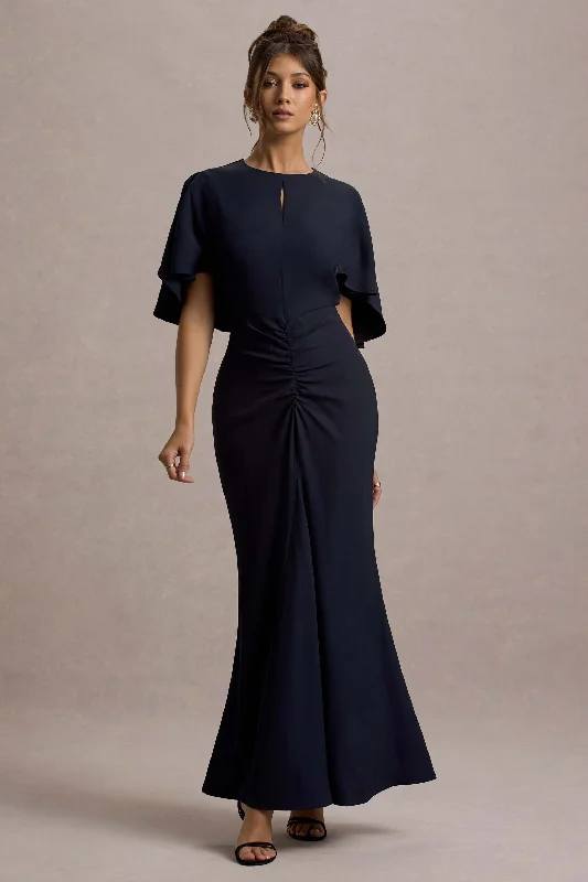 ladies-maxi-dress-mauve-majesty-Allison | Navy High-Neck Maxi Dress With Cape