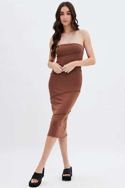 ladies-bodycon-dress-timeless-tight-Brown Ribbed Bodycon Midi Dress