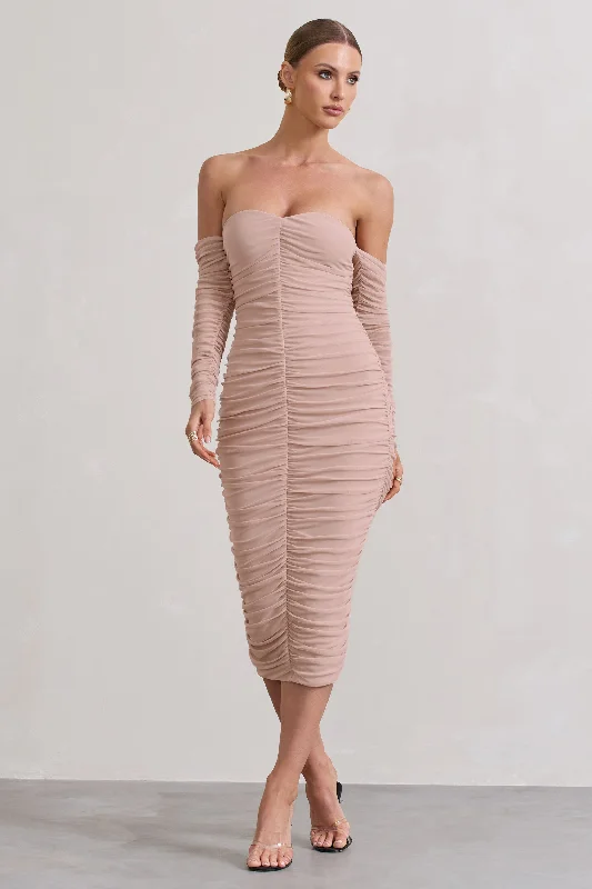 ladies-midi-dress-minimal-magic-Indy | Champagne Ruched Strapless Long-Sleeve Midi Dress