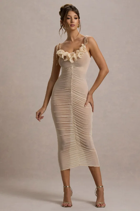 ladies-midi-dress-silk-sway-Jesi | Cream Mesh Ruched Midi Dress With Ruffles