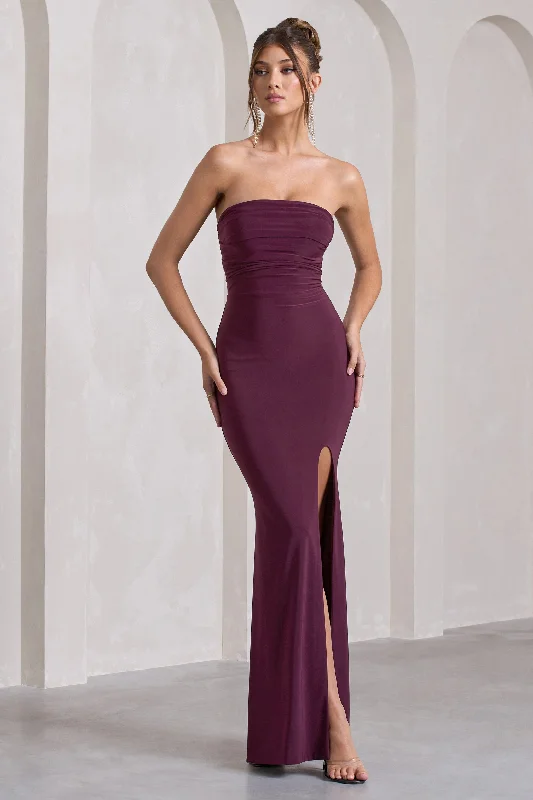 ladies-maxi-dress-silver-sweep-Midnight Calling | Plum Bandeau Split Lace-Up Maxi Dress