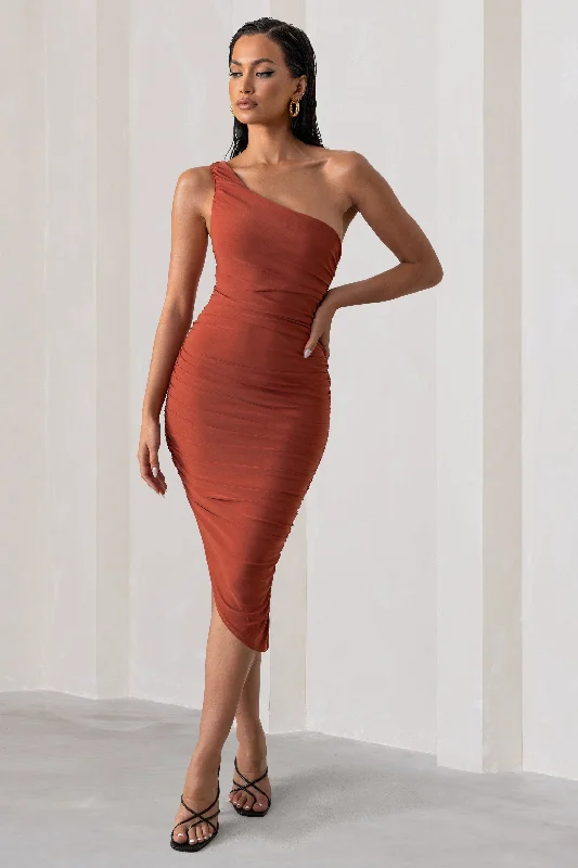 ladies-midi-dress-animal-accent-Late Night | Rust Asymmetric One Shoulder Ruched Midi Dress