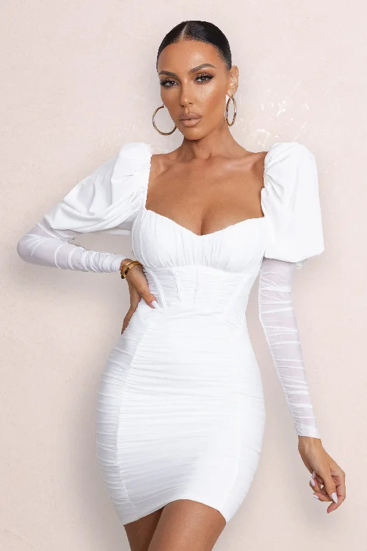 Women's mini dress fall pop -Reminiscent | White Puff Sleeved Ruched Mini Dress