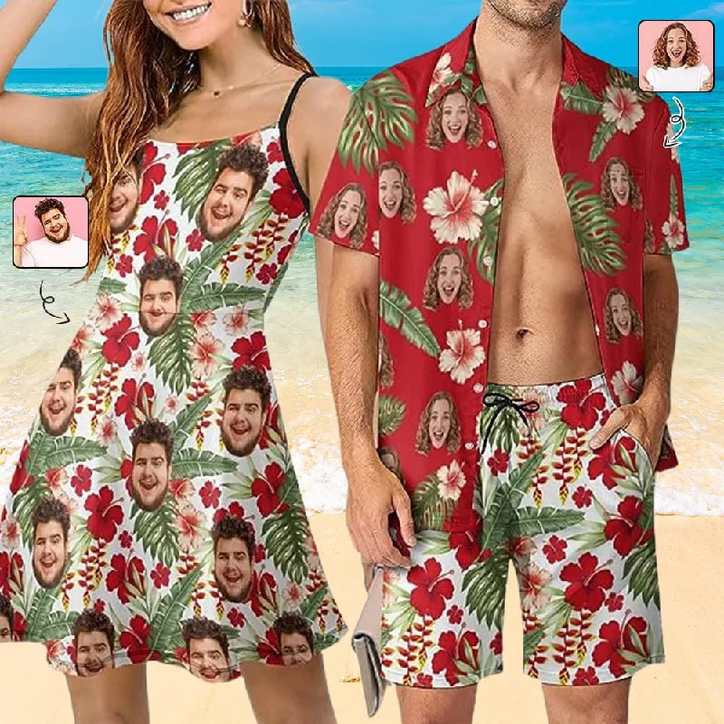 Women's shirt dress wild chic -Couple Hawaiian Dress Set Cruise Outfit Custom Face Red Hawaiian Shirt Set&Dress